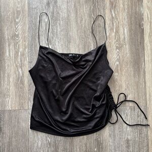 Zara NWT Black Satin Shiny Strappy Cowl Neck Ruched Side Tie Cami Tank Size L